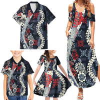 Hawaii Puakenikeni and Maile Lei Family Matching Summer Maxi Dress and Hawaiian Shirt Navy Blue Japanese Wave Style LT9 - Polynesian Pride
