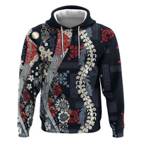 Hawaii Puakenikeni and Maile Lei Hoodie Navy Blue Japanese Wave Style - Polynesian Pride