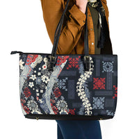 Hawaii Puakenikeni and Maile Lei Leather Tote Bag Navy Blue Japanese Wave Style - Polynesian Pride