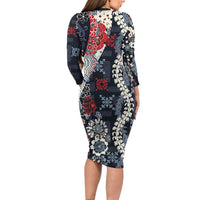 Hawaii Puakenikeni and Maile Lei Long Sleeve Bodycon Dress Navy Blue Japanese Wave Style LT9 - Polynesian Pride