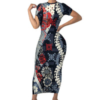 Hawaii Puakenikeni and Maile Lei Short Sleeve Bodycon Dress Navy Blue Japanese Wave Style LT9 Long Dress Navy Blue - Polynesian Pride