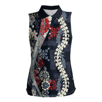 Hawaii Puakenikeni and Maile Lei Women Sleeveless Polo Shirt Navy Blue Japanese Wave Style LT9 Female Navy Blue - Polynesian Pride