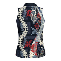 Hawaii Puakenikeni and Maile Lei Women Sleeveless Polo Shirt Navy Blue Japanese Wave Style LT9 - Polynesian Pride