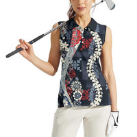 Hawaii Puakenikeni and Maile Lei Women Sleeveless Polo Shirt Navy Blue Japanese Wave Style LT9 - Polynesian Pride