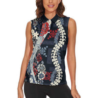 Hawaii Puakenikeni and Maile Lei Women Sleeveless Polo Shirt Navy Blue Japanese Wave Style LT9 - Polynesian Pride