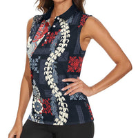 Hawaii Puakenikeni and Maile Lei Women Sleeveless Polo Shirt Navy Blue Japanese Wave Style LT9 - Polynesian Pride