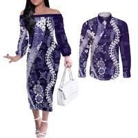 Hawaii Puakenikeni and Maile Lei Couples Matching Off The Shoulder Long Sleeve Dress and Long Sleeve Button Shirt Purple Japanese Wave Style LT9 Purple - Polynesian Pride
