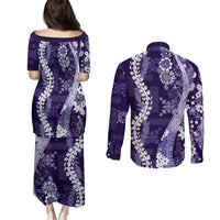 Hawaii Puakenikeni and Maile Lei Couples Matching Puletasi and Long Sleeve Button Shirt Purple Japanese Wave Style LT9 - Polynesian Pride