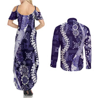 Hawaii Puakenikeni and Maile Lei Couples Matching Summer Maxi Dress and Long Sleeve Button Shirt Purple Japanese Wave Style LT9 - Polynesian Pride