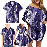 Hawaii Puakenikeni and Maile Lei Family Matching Off Shoulder Short Dress and Hawaiian Shirt Purple Japanese Wave Style LT9 - Polynesian Pride