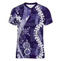 Hawaii Puakenikeni and Maile Lei Women V-Neck T-Shirt Purple Japanese Wave Style LT9 Female Purple - Polynesian Pride