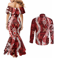 Hawaii Puakenikeni and Maile Lei Couples Matching Mermaid Dress and Long Sleeve Button Shirt Red Japanese Wave Style LT9 - Polynesian Pride