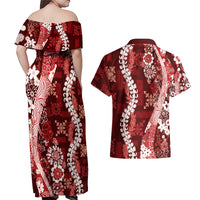 Hawaii Puakenikeni and Maile Lei Couples Matching Off Shoulder Maxi Dress and Hawaiian Shirt Red Japanese Wave Style LT9 - Polynesian Pride