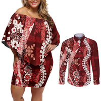 Hawaii Puakenikeni and Maile Lei Couples Matching Off Shoulder Short Dress and Long Sleeve Button Shirt Red Japanese Wave Style LT9 Red - Polynesian Pride
