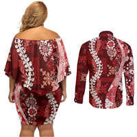 Hawaii Puakenikeni and Maile Lei Couples Matching Off Shoulder Short Dress and Long Sleeve Button Shirt Red Japanese Wave Style LT9 - Polynesian Pride