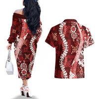 Hawaii Puakenikeni and Maile Lei Couples Matching Off The Shoulder Long Sleeve Dress and Hawaiian Shirt Red Japanese Wave Style LT9 - Polynesian Pride