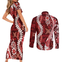 Hawaii Puakenikeni and Maile Lei Couples Matching Short Sleeve Bodycon Dress and Long Sleeve Button Shirt Red Japanese Wave Style LT9 - Polynesian Pride