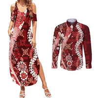 Hawaii Puakenikeni and Maile Lei Couples Matching Summer Maxi Dress and Long Sleeve Button Shirt Red Japanese Wave Style LT9 Red - Polynesian Pride