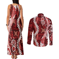 Hawaii Puakenikeni and Maile Lei Couples Matching Tank Maxi Dress and Long Sleeve Button Shirt Red Japanese Wave Style LT9 - Polynesian Pride