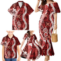 Hawaii Puakenikeni and Maile Lei Family Matching Mermaid Dress and Hawaiian Shirt Red Japanese Wave Style LT9 - Polynesian Pride