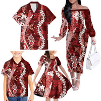 Hawaii Puakenikeni and Maile Lei Family Matching Off The Shoulder Long Sleeve Dress and Hawaiian Shirt Red Japanese Wave Style LT9 - Polynesian Pride