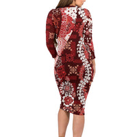 Hawaii Puakenikeni and Maile Lei Long Sleeve Bodycon Dress Red Japanese Wave Style LT9 - Polynesian Pride