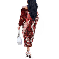 Hawaii Puakenikeni and Maile Lei Off The Shoulder Long Sleeve Dress Red Japanese Wave Style LT9 - Polynesian Pride