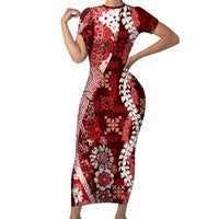 Hawaii Puakenikeni and Maile Lei Short Sleeve Bodycon Dress Red Japanese Wave Style LT9 Long Dress Red - Polynesian Pride