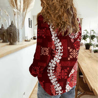 Hawaii Puakenikeni and Maile Lei Women Casual Shirt Red Japanese Wave Style - Polynesian Pride