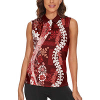 Hawaii Puakenikeni and Maile Lei Women Sleeveless Polo Shirt Red Japanese Wave Style LT9 - Polynesian Pride
