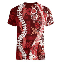 Hawaii Puakenikeni and Maile Lei Women V-Neck T-Shirt Red Japanese Wave Style LT9 - Polynesian Pride