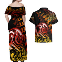 New Zealand Couples Matching Off Shoulder Maxi Dress and Hawaiian Shirt Aotearoa Wisdom Face Maori Fern Tattoo Arty LT9 - Polynesian Pride