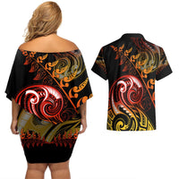 New Zealand Couples Matching Off Shoulder Short Dress and Hawaiian Shirt Aotearoa Wisdom Face Maori Fern Tattoo Arty LT9 - Polynesian Pride