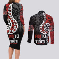 Honour The Treaty New Zealand Couples Matching Long Sleeve Bodycon Dress and Long Sleeve Button Shirt Toitu Te Tiriti Ake!Ake!Ake! LT9 - Polynesian Pride