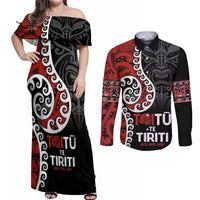 Honour The Treaty New Zealand Couples Matching Off Shoulder Maxi Dress and Long Sleeve Button Shirt Toitu Te Tiriti Ake!Ake!Ake! LT9 Black - Polynesian Pride