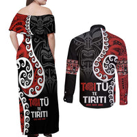 Honour The Treaty New Zealand Couples Matching Off Shoulder Maxi Dress and Long Sleeve Button Shirt Toitu Te Tiriti Ake!Ake!Ake! LT9 - Polynesian Pride