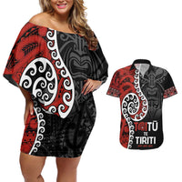 Honour The Treaty New Zealand Couples Matching Off Shoulder Short Dress and Hawaiian Shirt Toitu Te Tiriti Ake!Ake!Ake! LT9 Black - Polynesian Pride