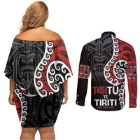 Honour The Treaty New Zealand Couples Matching Off Shoulder Short Dress and Long Sleeve Button Shirt Toitu Te Tiriti Ake!Ake!Ake! LT9 - Polynesian Pride