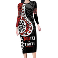 Honour The Treaty New Zealand Long Sleeve Bodycon Dress Toitu Te Tiriti Ake!Ake!Ake! LT9 Long Dress Black - Polynesian Pride
