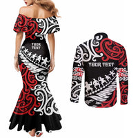 Honour The Treaty New Zealand Personalised Couples Matching Mermaid Dress and Long Sleeve Button Shirt Toitu Te Tiriti Half Fern with Haka dance LT9 - Polynesian Pride