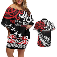 Honour The Treaty New Zealand Personalised Couples Matching Off Shoulder Short Dress and Hawaiian Shirt Toitu Te Tiriti Half Fern with Haka dance LT9 Black - Polynesian Pride