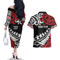 Honour The Treaty New Zealand Personalised Couples Matching Off The Shoulder Long Sleeve Dress and Hawaiian Shirt Toitu Te Tiriti Half Fern with Haka dance LT9 - Polynesian Pride