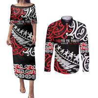 Honour The Treaty New Zealand Personalised Couples Matching Puletasi and Long Sleeve Button Shirt Toitu Te Tiriti Half Fern with Haka dance LT9 Black - Polynesian Pride
