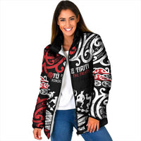 Honour The Treaty New Zealand Personalised Padded Jacket Toitu Te Tiriti Half Fern Haka Dance LT9 Women Red - Polynesian Pride
