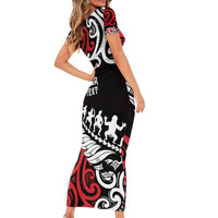 Honour The Treaty New Zealand Personalised Short Sleeve Bodycon Dress Toitu Te Tiriti Half Fern with Haka dance LT9 - Polynesian Pride