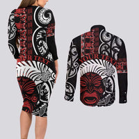 Honour The Treaty New Zealand Personalised Couples Matching Long Sleeve Bodycon Dress and Long Sleeve Button Shirt Toitu Te Tiriti Indigenous Maori Face LT9 - Polynesian Pride