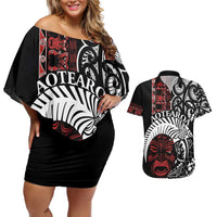 Honour The Treaty New Zealand Personalised Couples Matching Off Shoulder Short Dress and Hawaiian Shirt Toitu Te Tiriti Indigenous Maori Face LT9 Black - Polynesian Pride