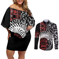 Honour The Treaty New Zealand Personalised Couples Matching Off Shoulder Short Dress and Long Sleeve Button Shirt Toitu Te Tiriti Indigenous Maori Face LT9 Black - Polynesian Pride