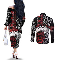 Honour The Treaty New Zealand Personalised Couples Matching Off The Shoulder Long Sleeve Dress and Long Sleeve Button Shirt Toitu Te Tiriti Indigenous Maori Face LT9 - Polynesian Pride
