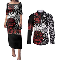 Honour The Treaty New Zealand Personalised Couples Matching Puletasi and Long Sleeve Button Shirt Toitu Te Tiriti Indigenous Maori Face LT9 Black - Polynesian Pride